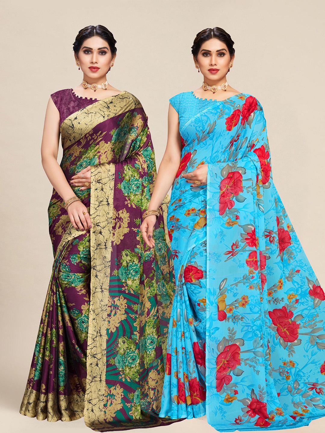 

MS RETAIL Set Of 2 Purple & Blue Floral Sarees
