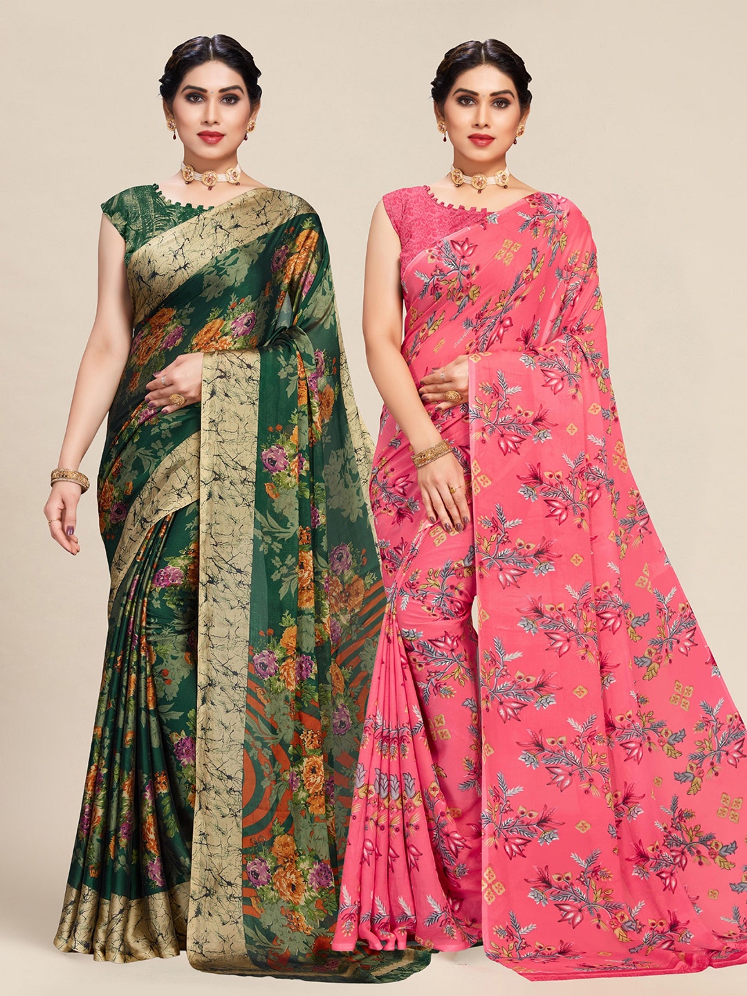 

MS RETAIL Set Of 2 Green & Coral Floral Saree