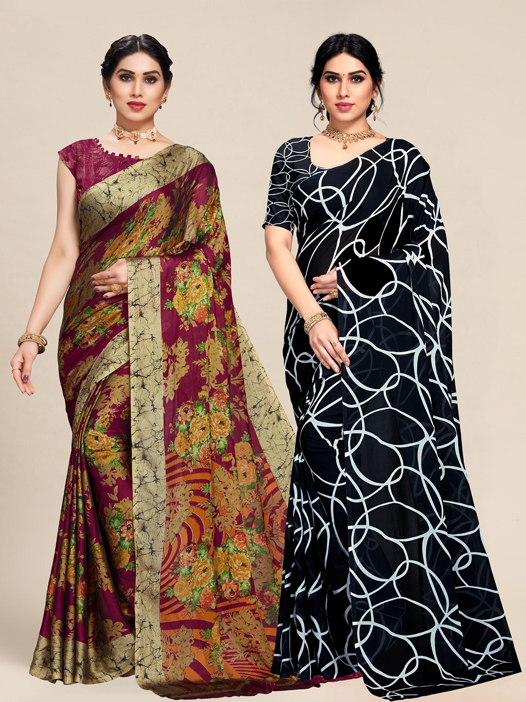 

MS RETAIL Pack of 2 Brown & Black Floral Saree