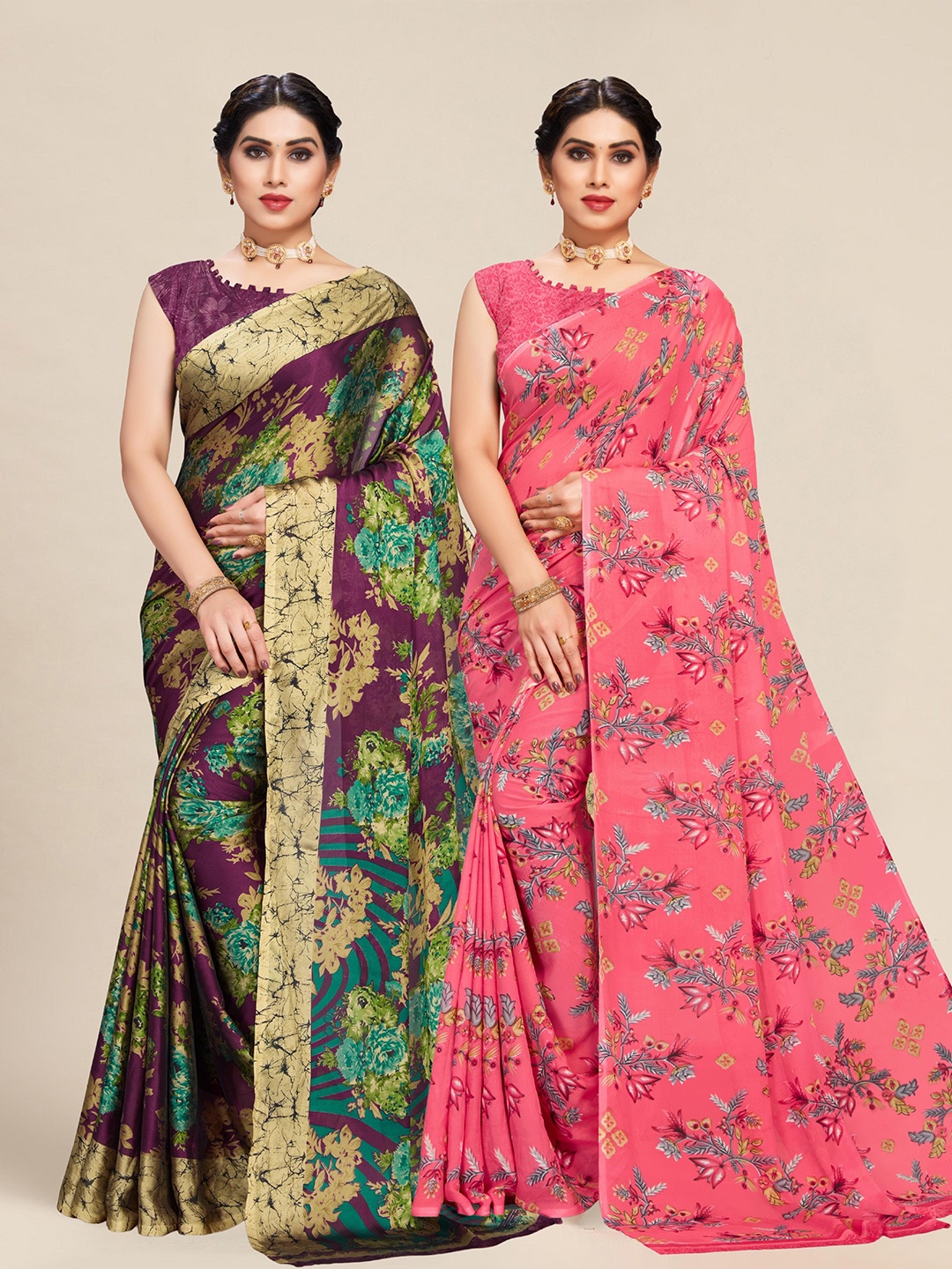 

MS RETAIL Pack of 2 Maroon & Pink Floral Saree