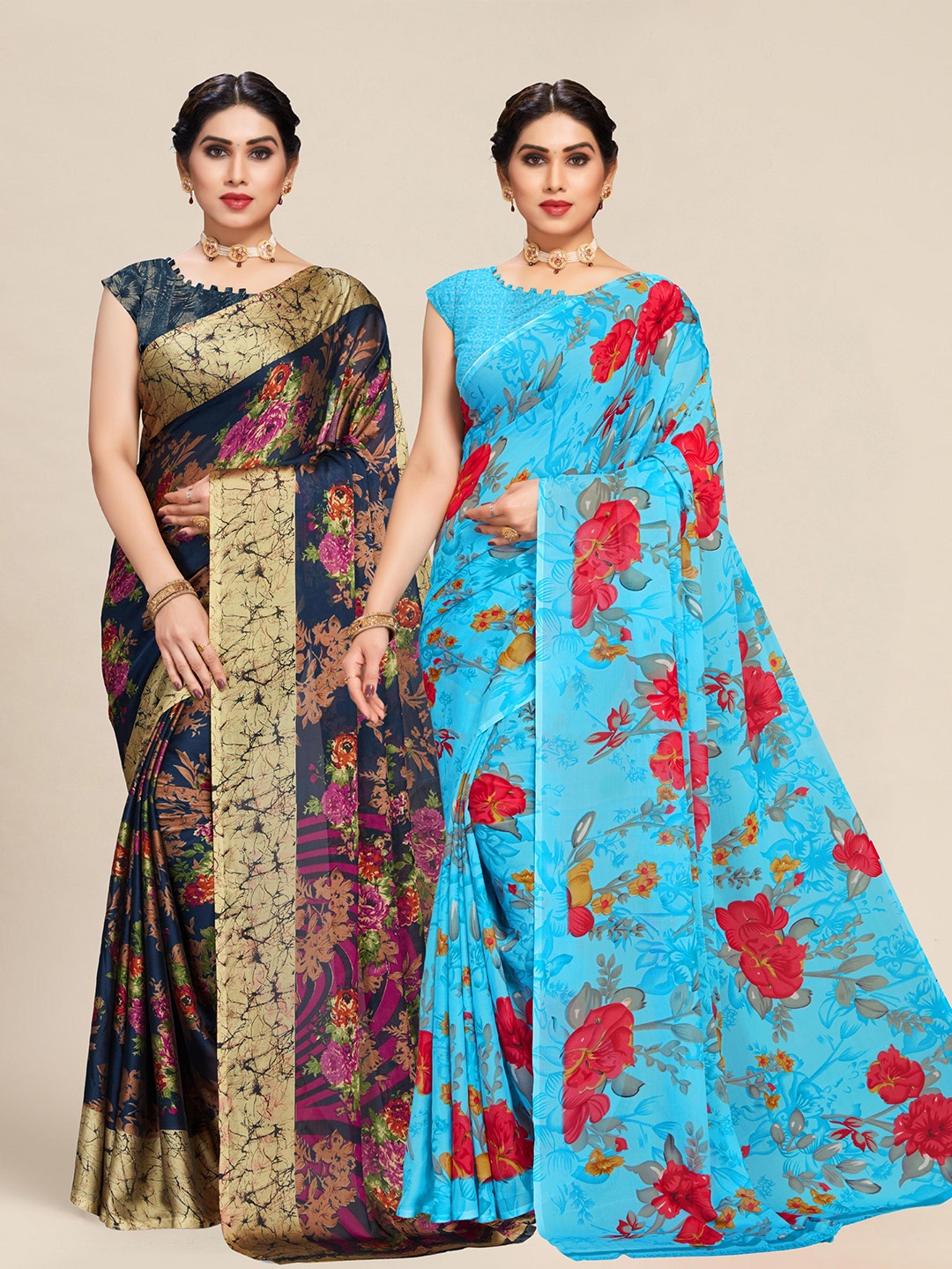 

MS RETAIL Set Of 2 Blue & Red Floral Saree