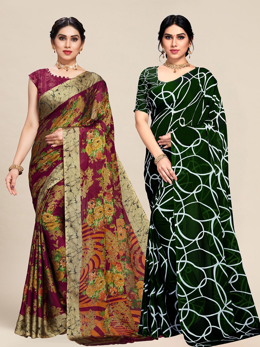

MS RETAIL Set Of 2 Purple & Green Floral Sarees