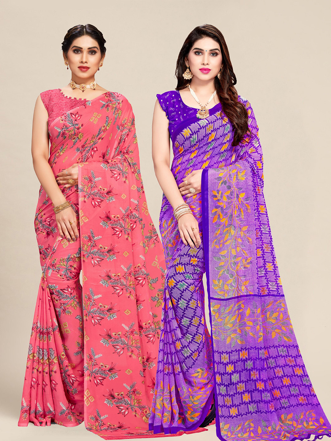 

MS RETAIL Set Of 2 Purple & Pink Floral Pure Georgette Saree