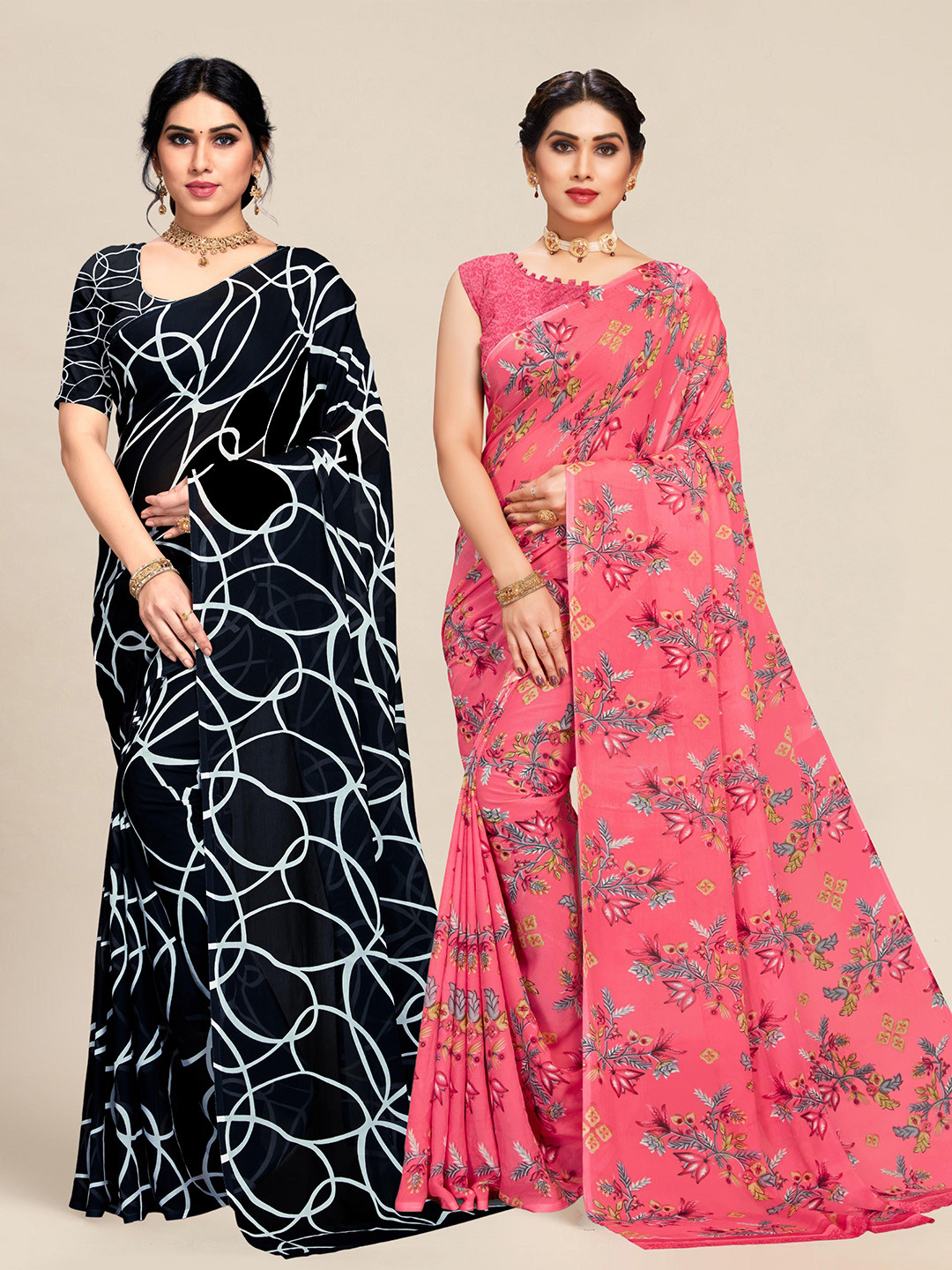 

MS RETAIL Set Of 2 Coral-Coloured & Black Floral Pure Georgette Sarees
