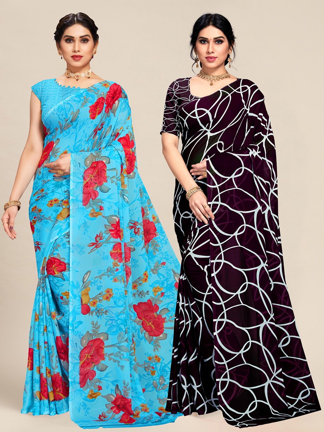 

MS RETAIL Set Of 2 Blue & Purple Floral Pure Georgette Saree