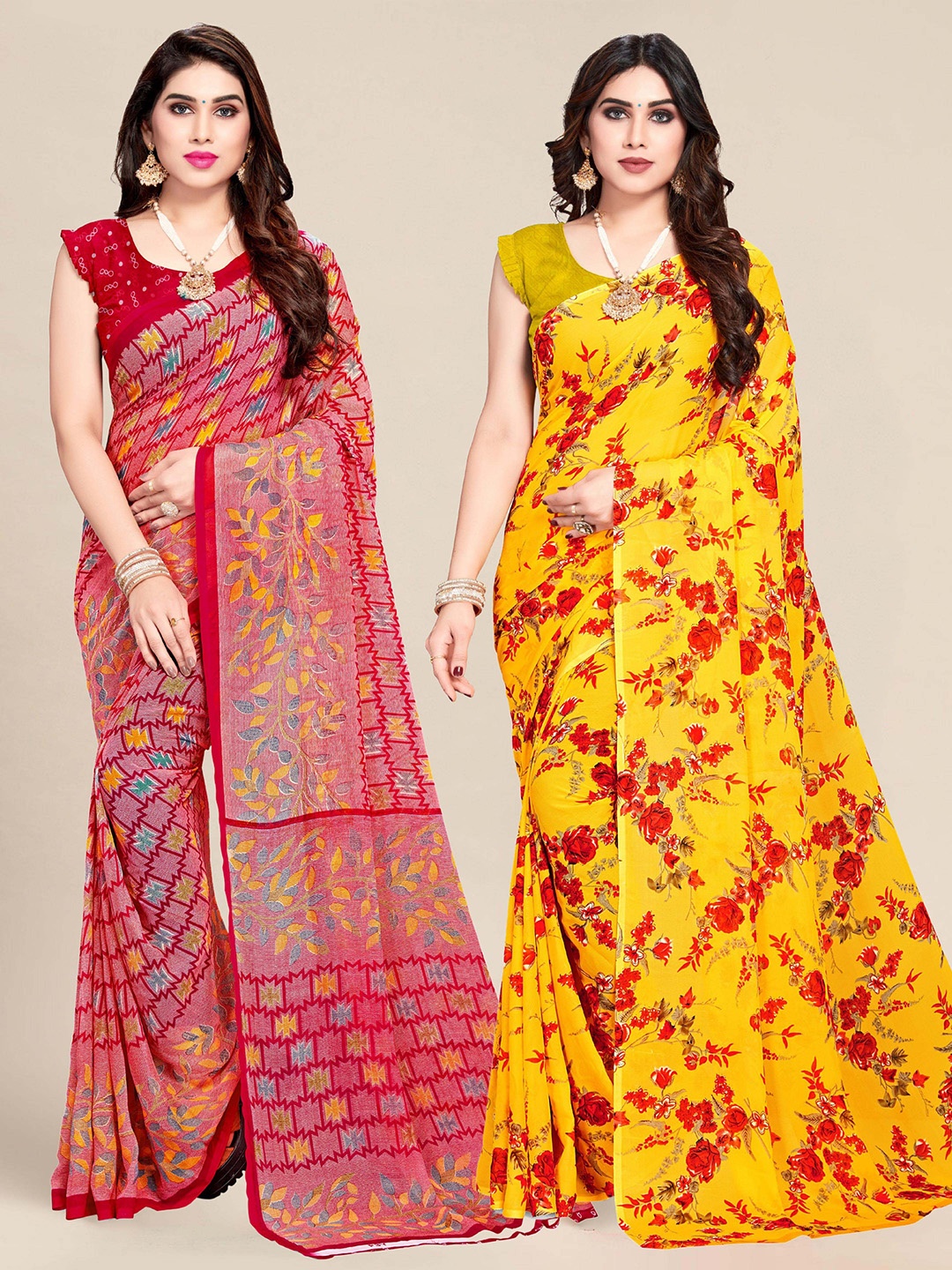 

MS RETAIL Pink & Yellow Floral Pure Georgette Saree
