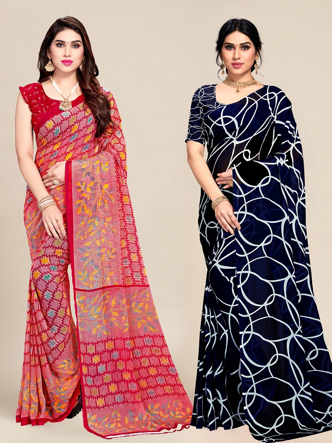 

MS RETAIL Set Of 2 Navy Blue & Red Floral Pure Georgette Saree