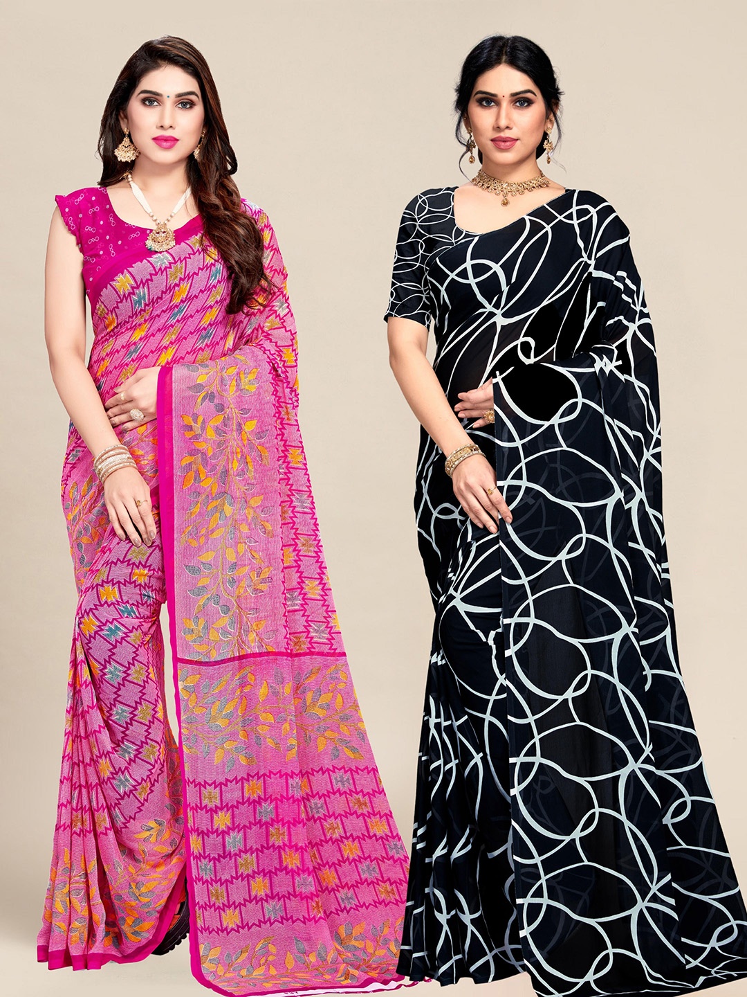 

MS RETAIL Set Of 2 Black & Pink Pure Georgette Sarees