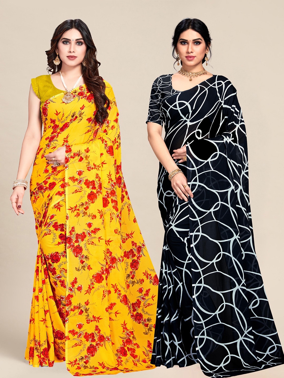 

MS RETAIL Pack of 2 Yellow & Black Printed Pure Georgette Saree