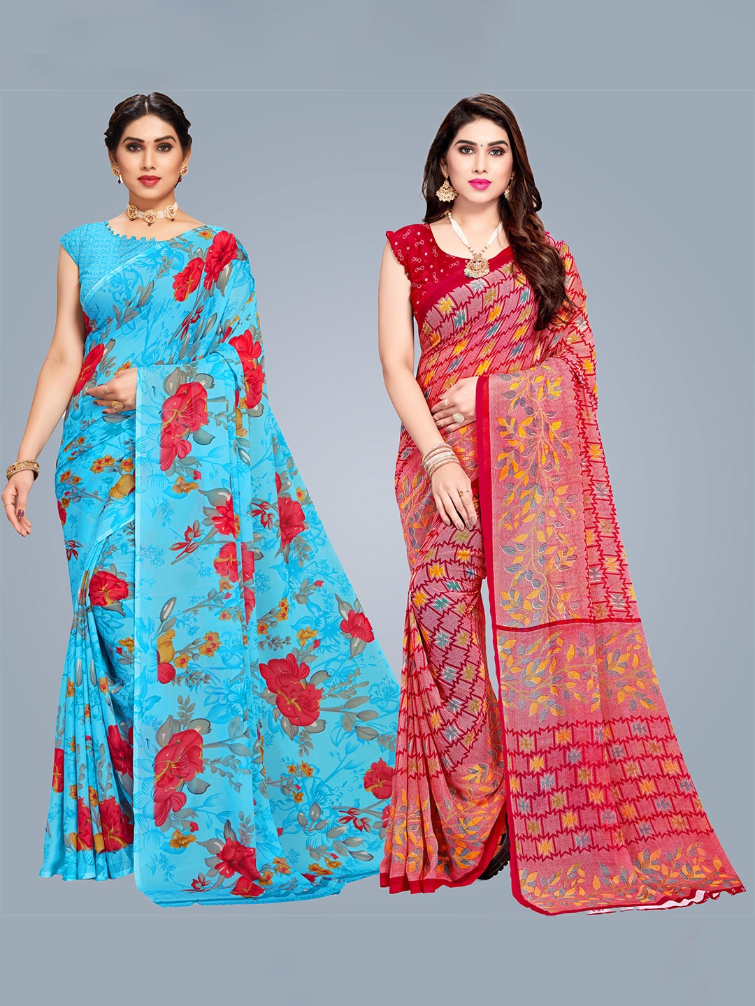 

MS RETAIL Pack of 2 Blue & Red Floral Pure Georgette Saree