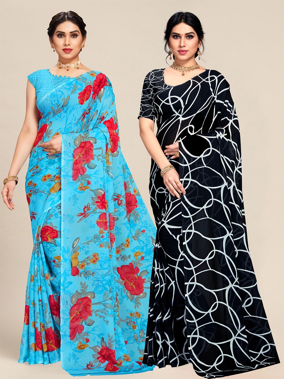 

MS RETAIL Pack of 2 Black & Blue Floral Pure Georgette Saree