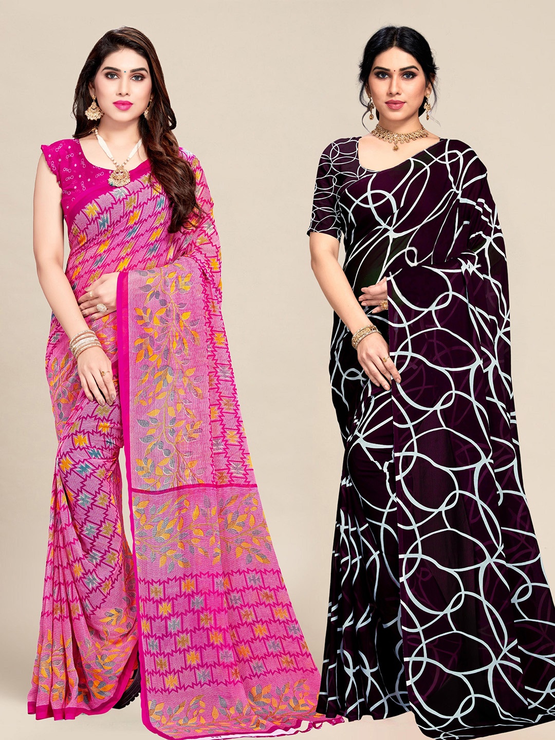 

MS RETAIL Set Of 2 Pink & Purple Pure Georgette Sarees