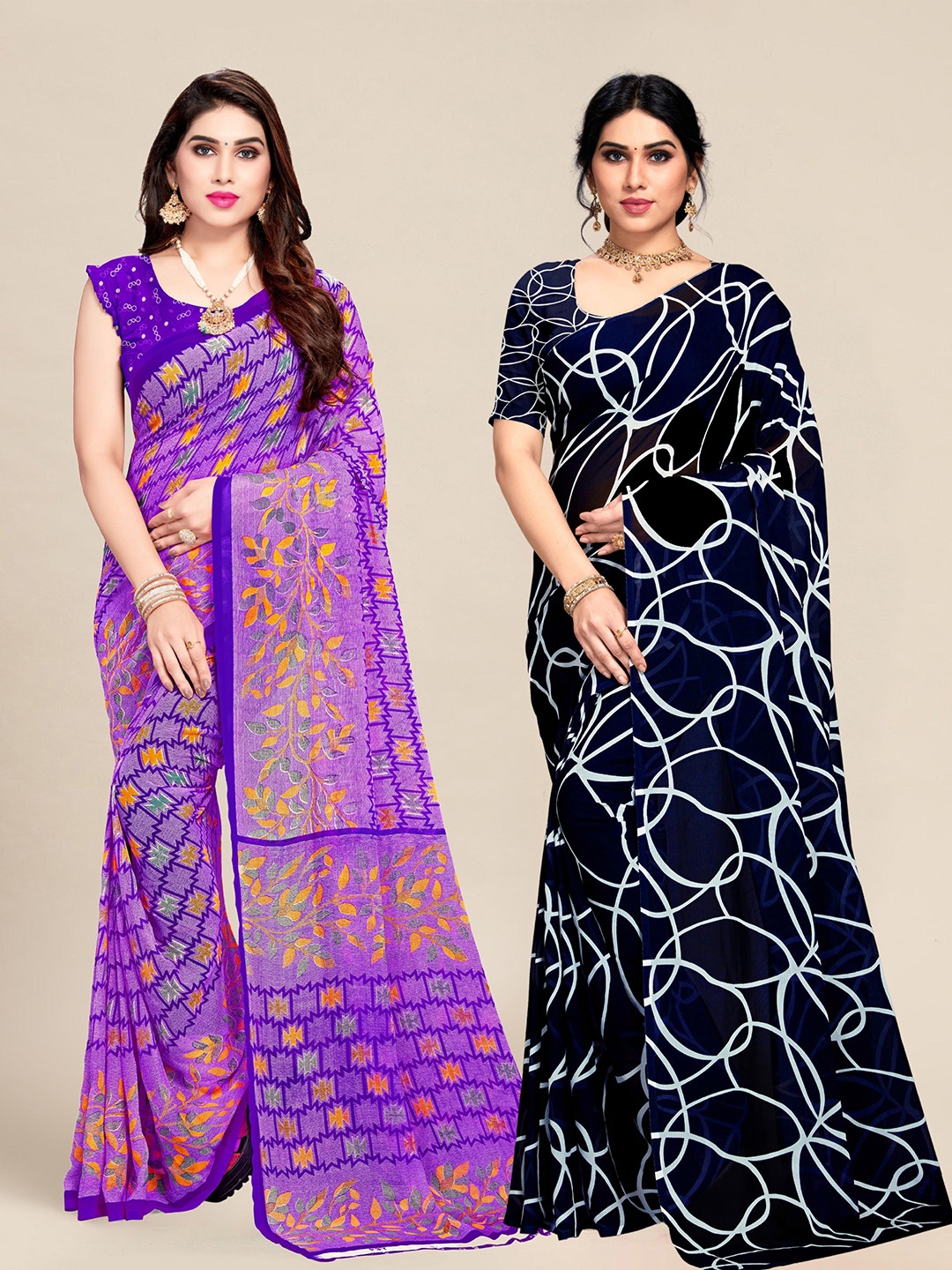 

MS RETAIL Pack of 2 Purple & Navy Blue Pure Georgette Saree