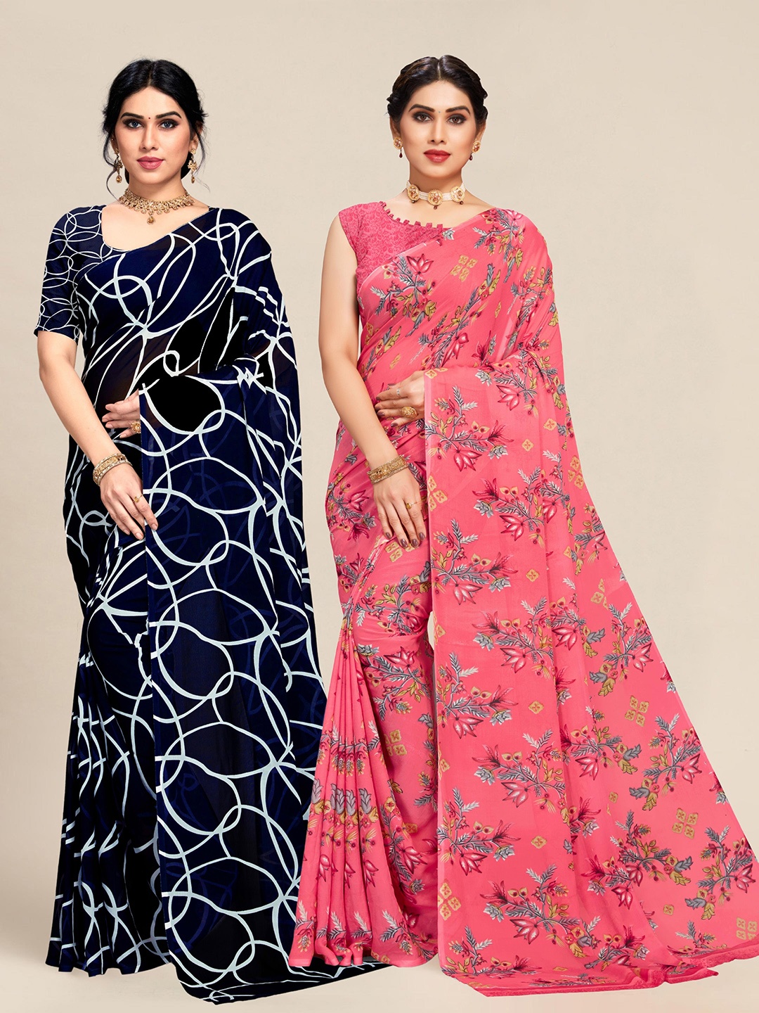 

MS RETAIL Set Of 2 Pink & Navy Blue Floral Pure Georgette Saree