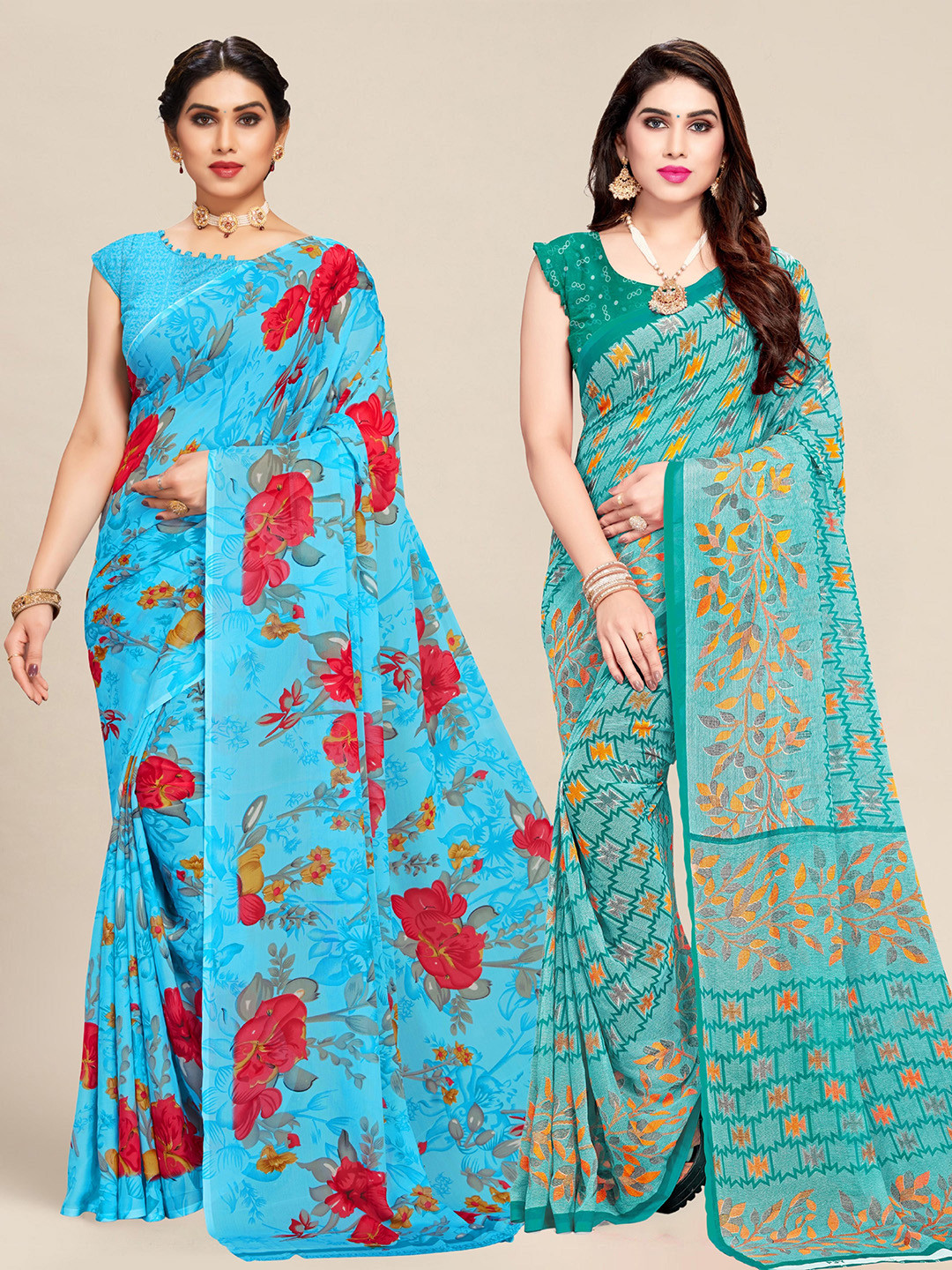 

MS RETAIL Set Of 2 Green & Blue Floral Pure Georgette Saree