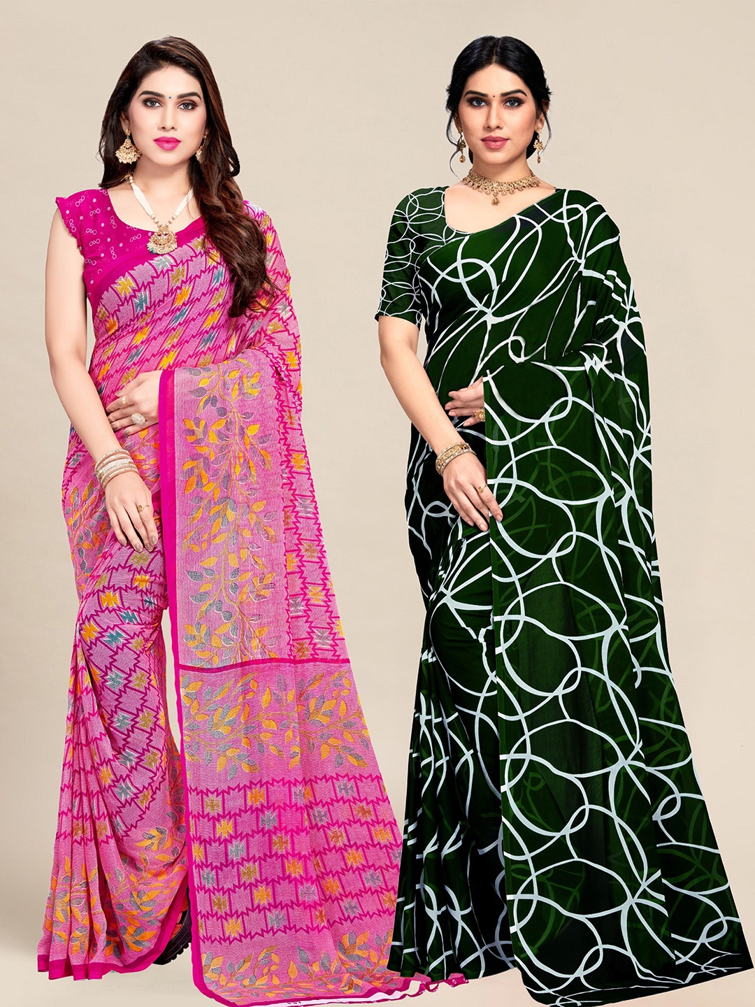 

MS RETAIL Set Of 2 Pink & Green Pure Georgette Sarees