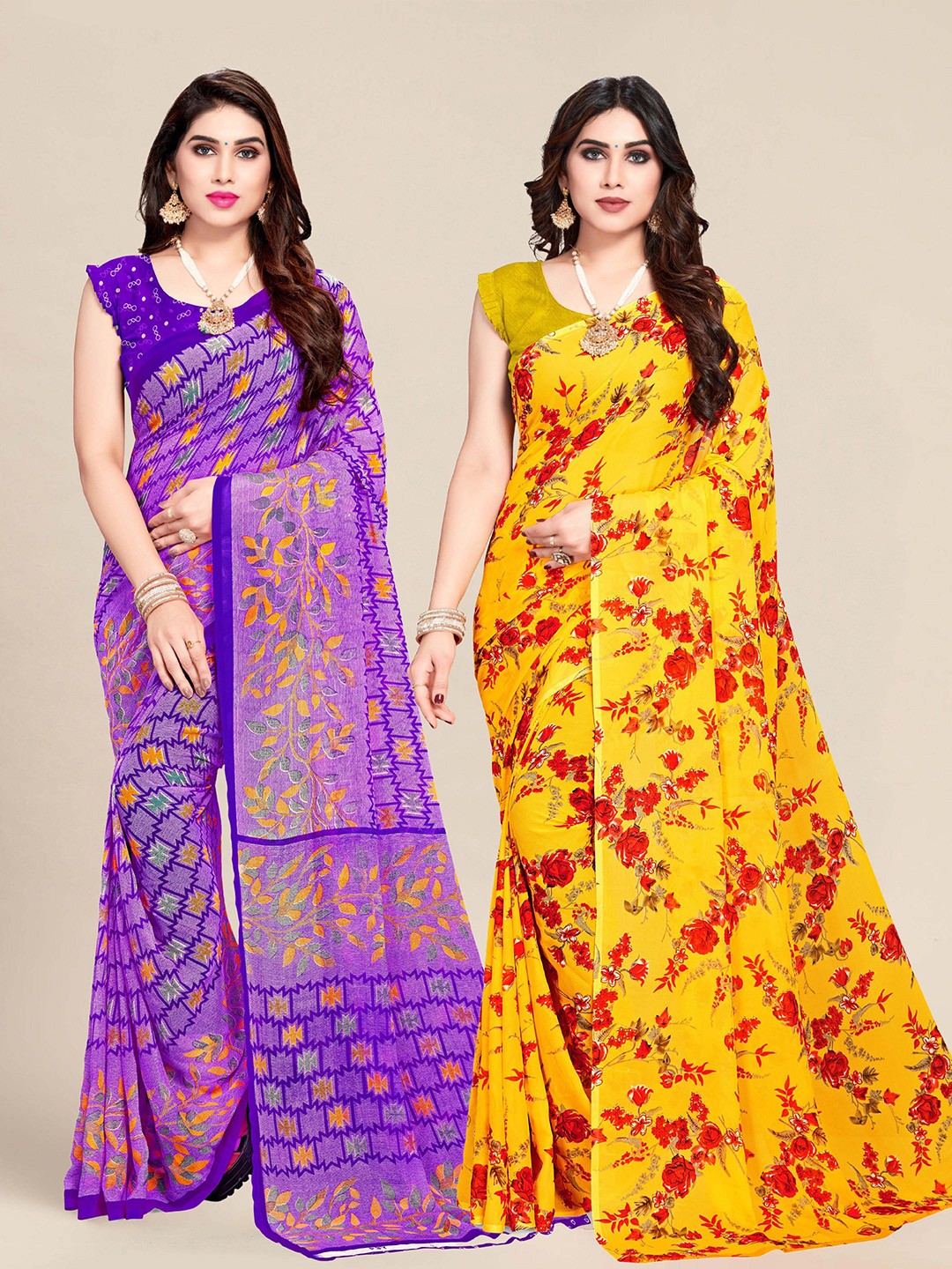 

MS RETAIL Set Of 2 Yellow & Purple Floral Pure Georgette Saree
