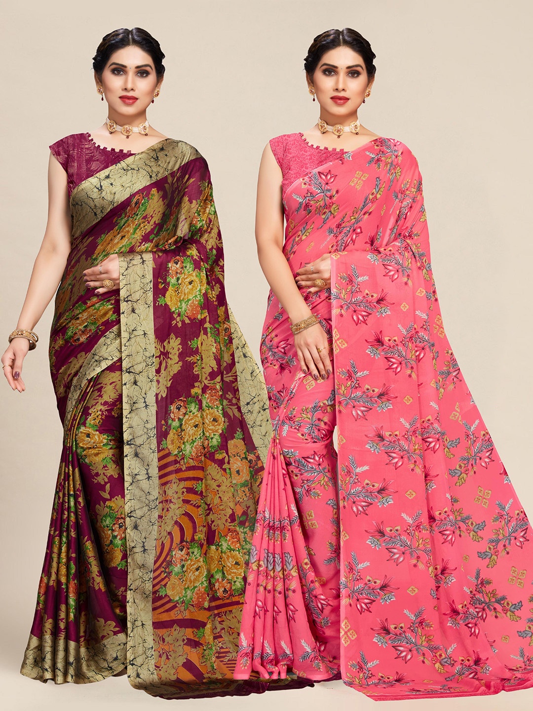 

MS RETAIL Set Of 2 Coral-Coloured & Purple Floral Sarees