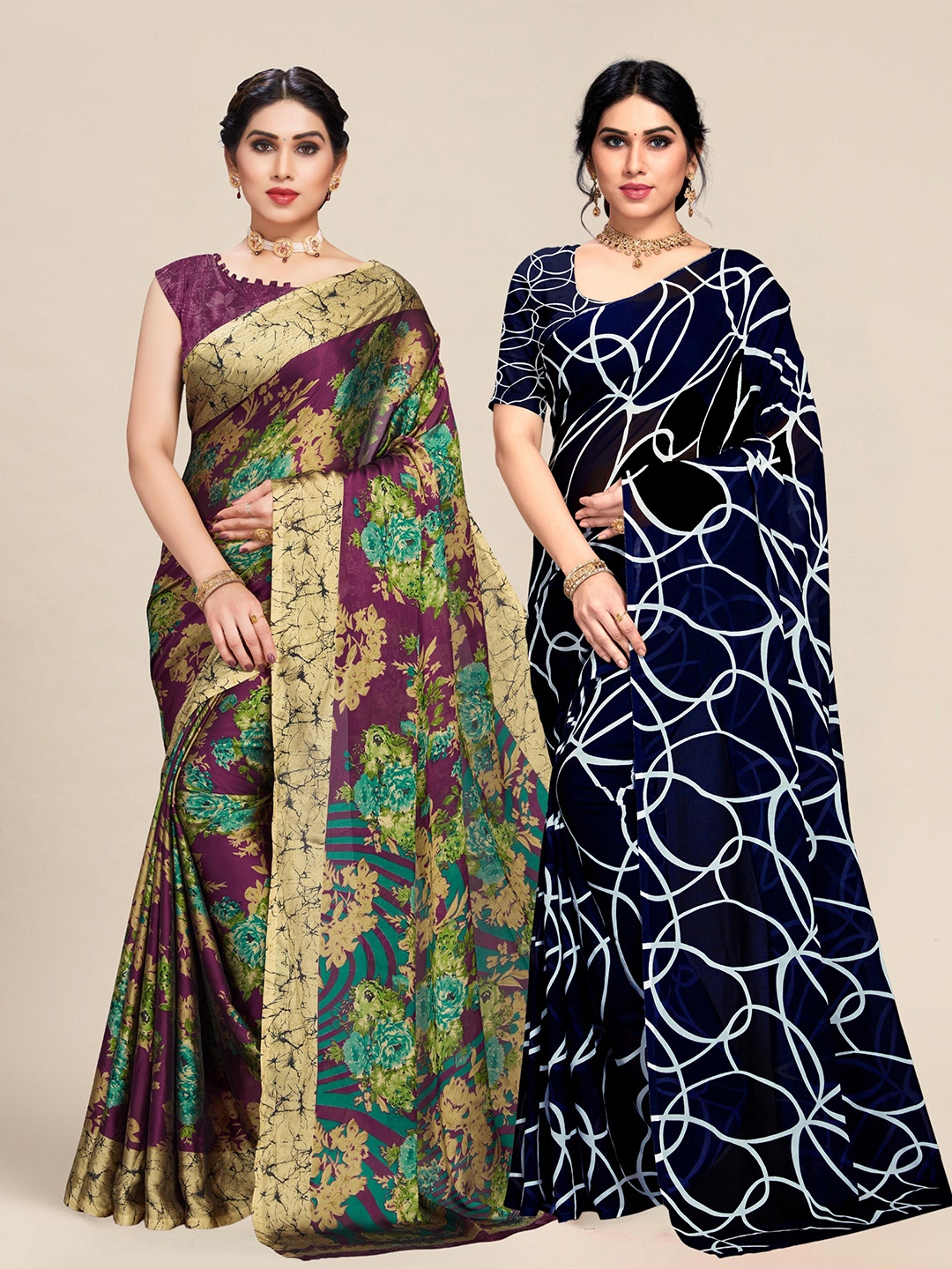 

MS RETAIL Pack of 2 Navy Blue & Green Floral Saree