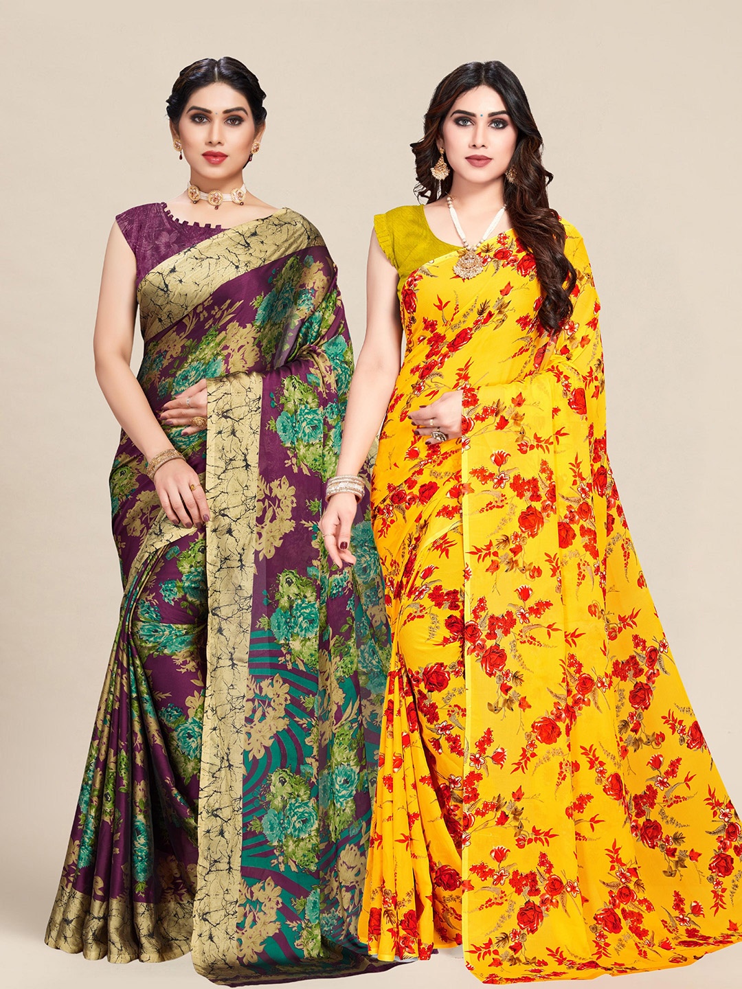 

MS RETAIL Set Of 2 Yellow & Red Floral Saree