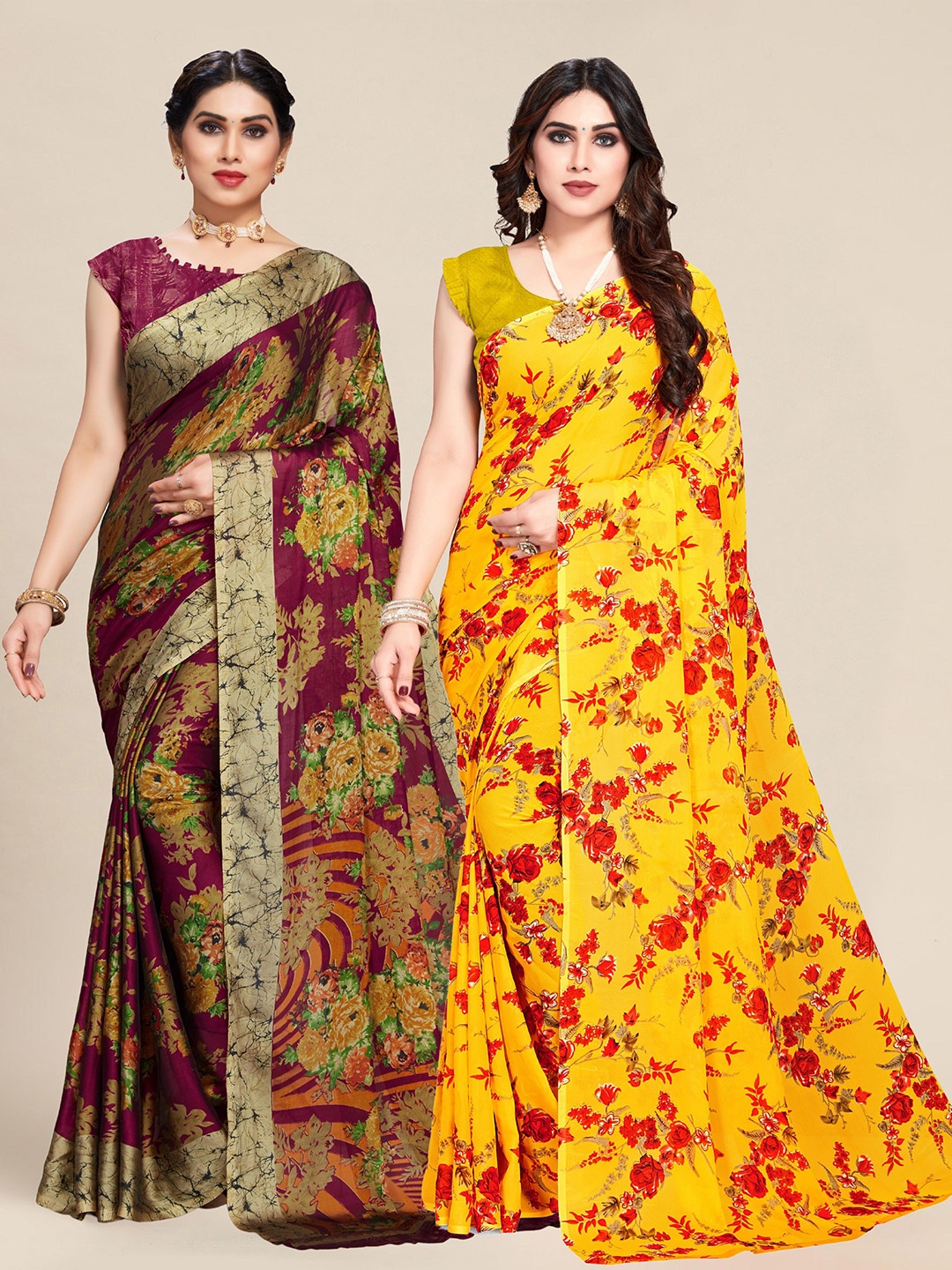 

MS RETAIL Pack of 2 Yellow & Maroon Floral Printed Saree