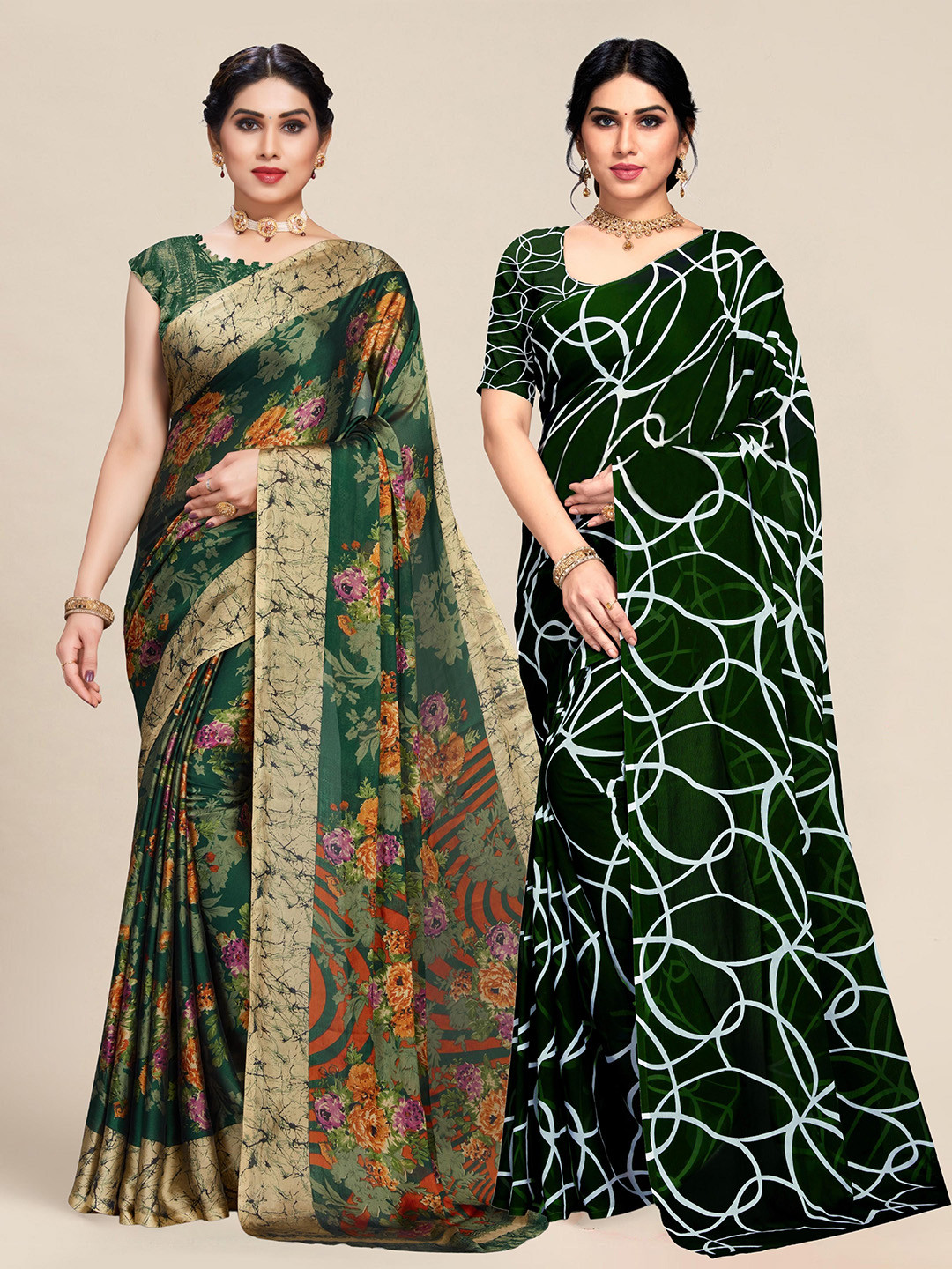 

MS RETAIL Pack of 2 Green & Navy Blue Floral Saree