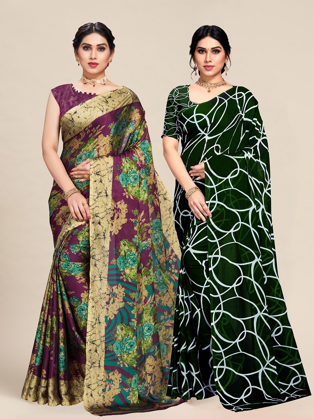 

MS RETAIL Pack of 2 Green & Maroon Abstract Printed Saree