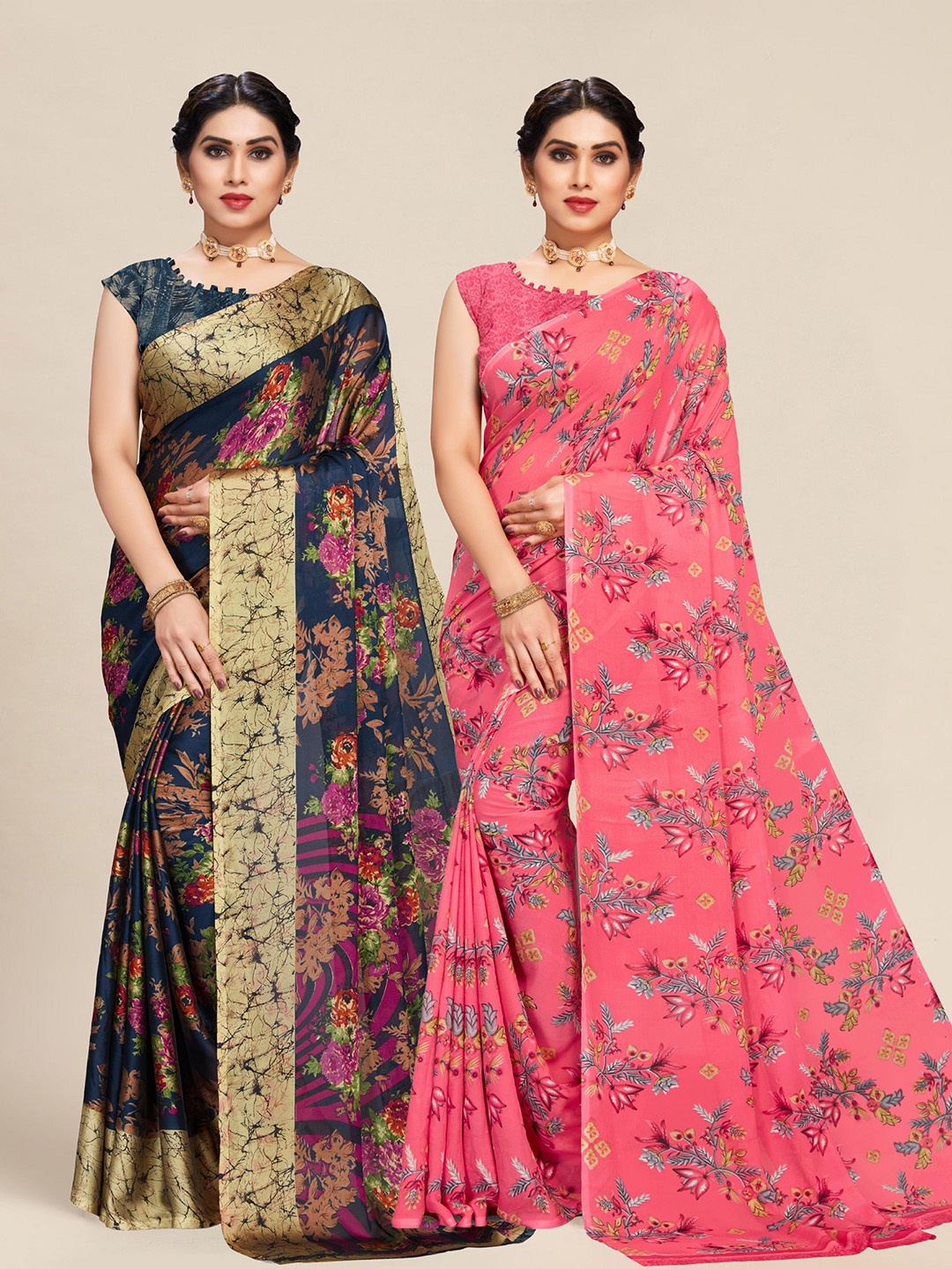 

MS RETAIL Pack of 2 Navy Blue & Pink Floral Saree
