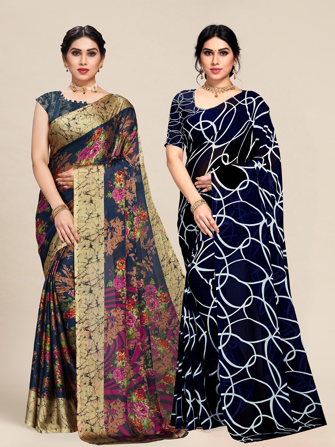 

MS RETAIL Navy Blue & Green Floral Saree
