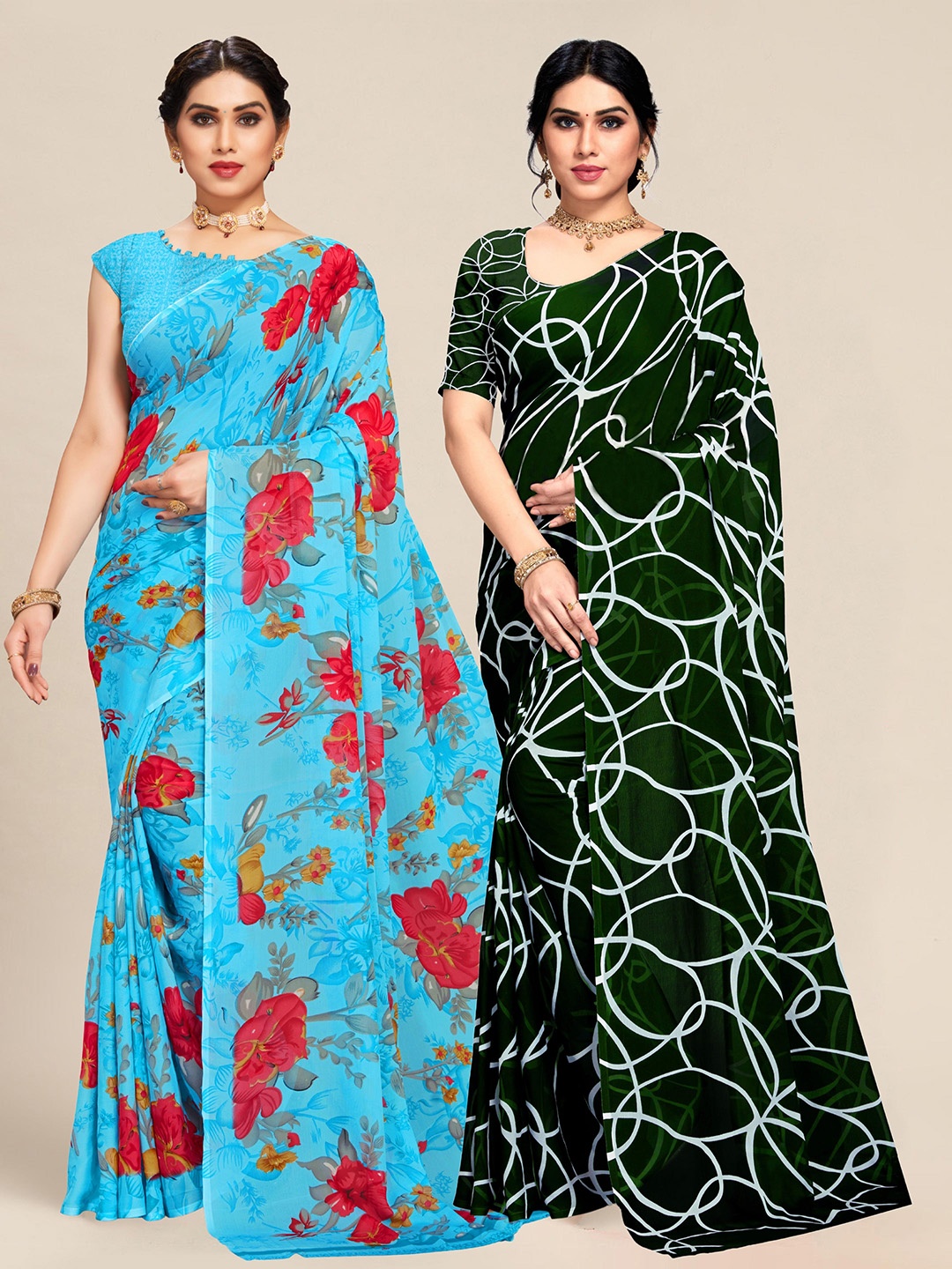 

MS RETAIL Pack of 2 Blue & Green Floral Pure Georgette Saree