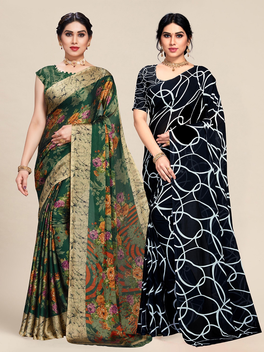 

MS RETAIL Pack of 2 Green & Black Floral Saree
