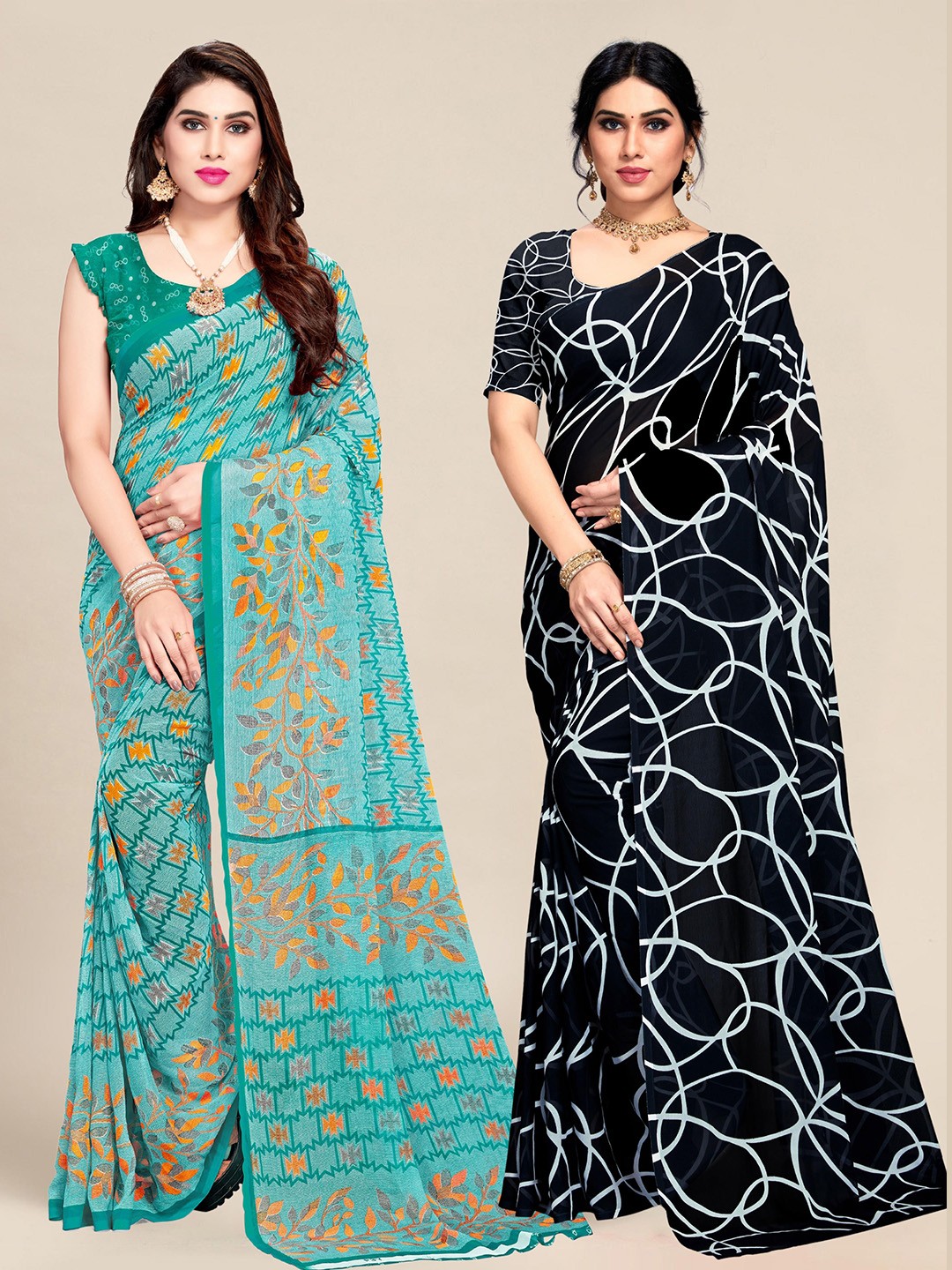 

MS RETAIL Pack of 2 Blue & Black Pure Georgette Saree