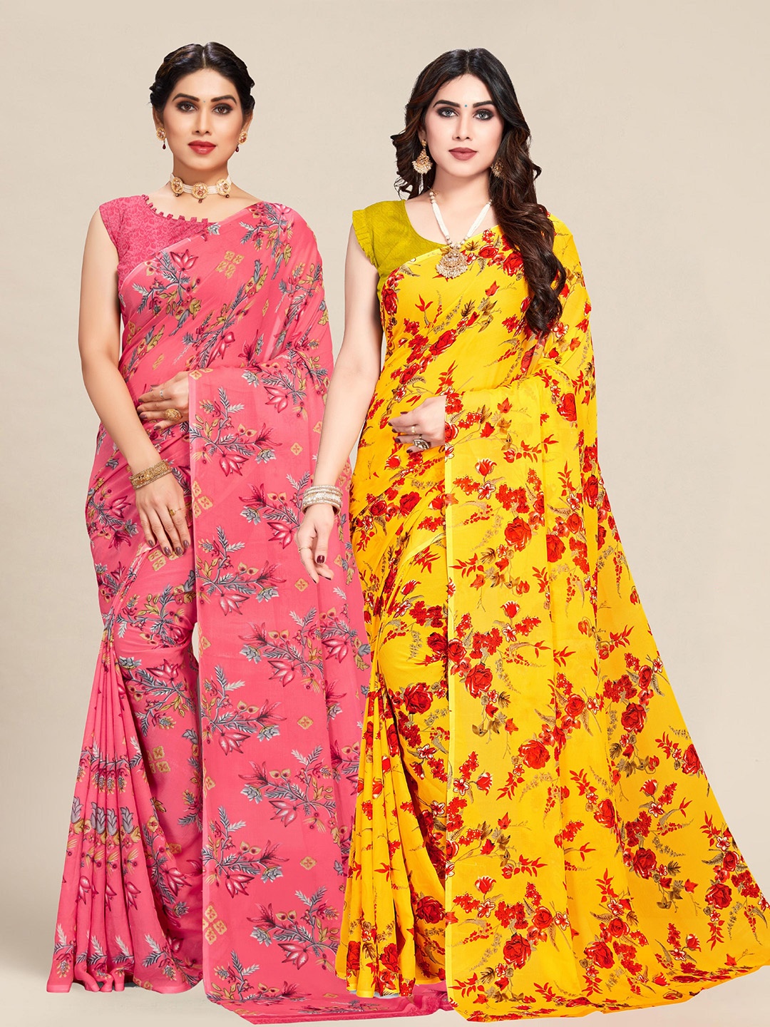 

MS RETAIL Pack of 2 Yellow & Pink Floral Pure Georgette Saree