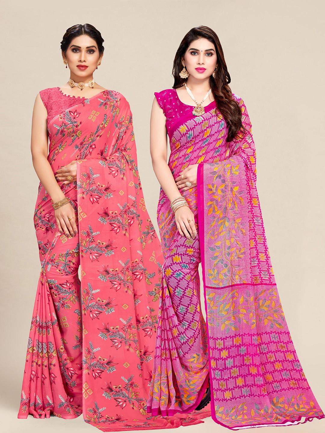 

MS RETAIL Pack of 2 Pink & Peach-Coloured Floral Pure Georgette Saree