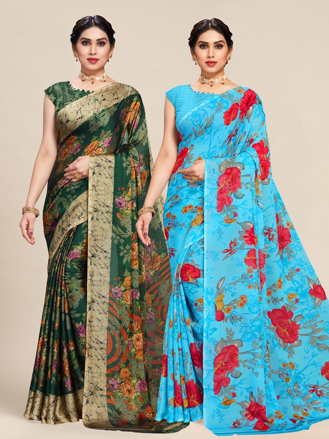 

MS RETAIL Pack of 2 Green & Blue Floral Saree