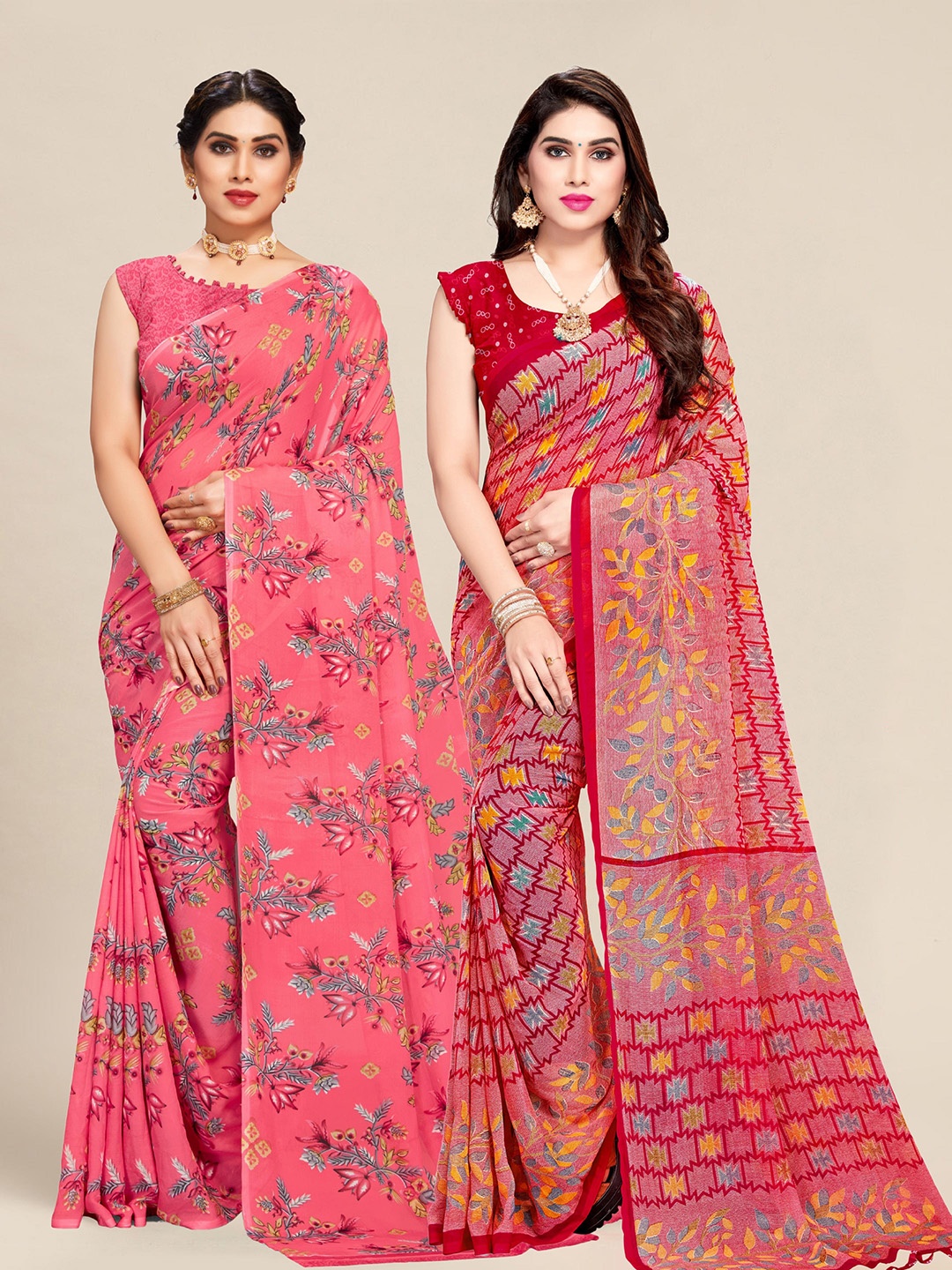 

MS RETAIL Pack of 2 Pink & Red Floral Pure Georgette Saree