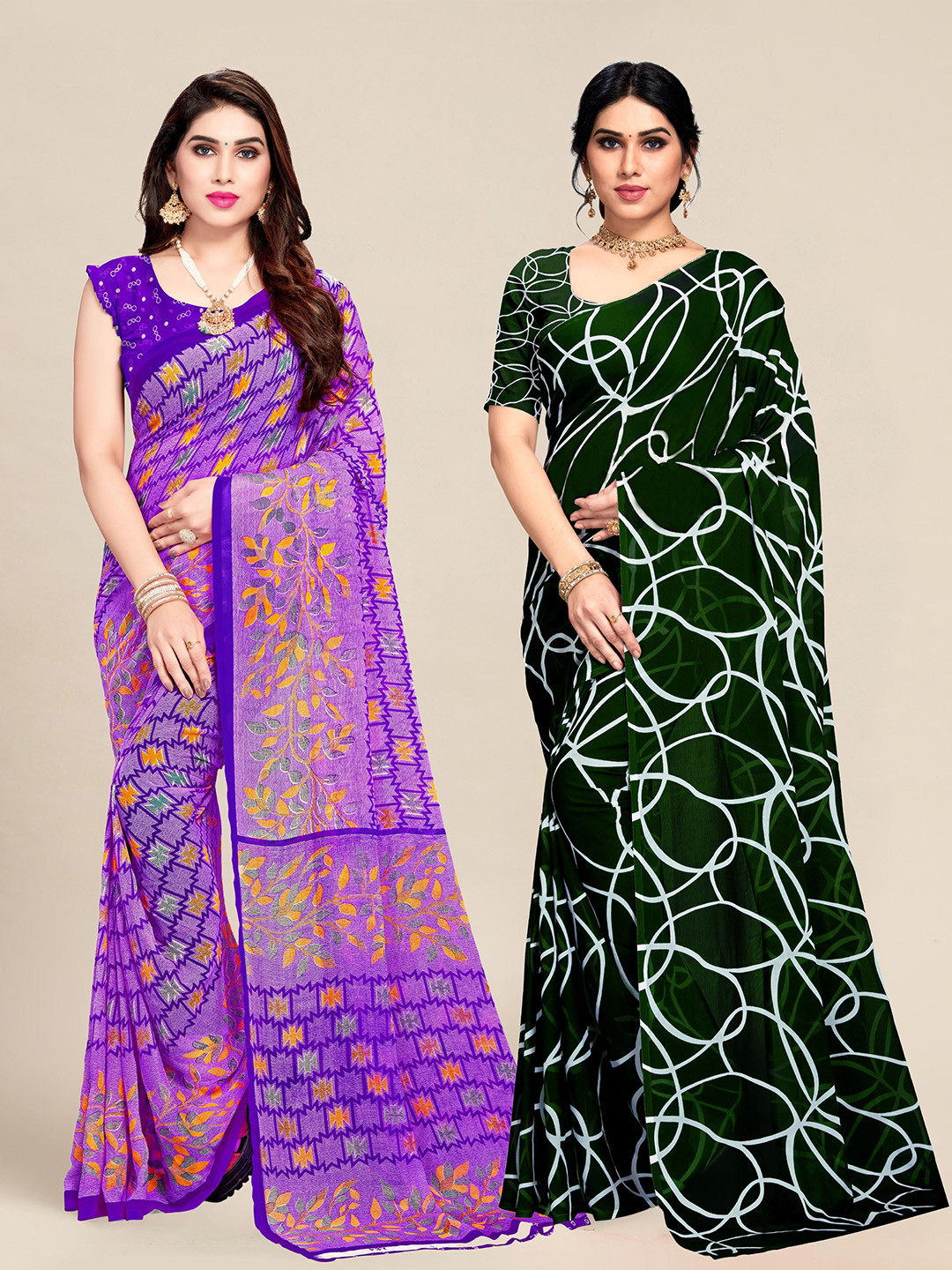 

MS RETAIL Pack of 2 Purple & Navy Blue Pure Georgette Saree