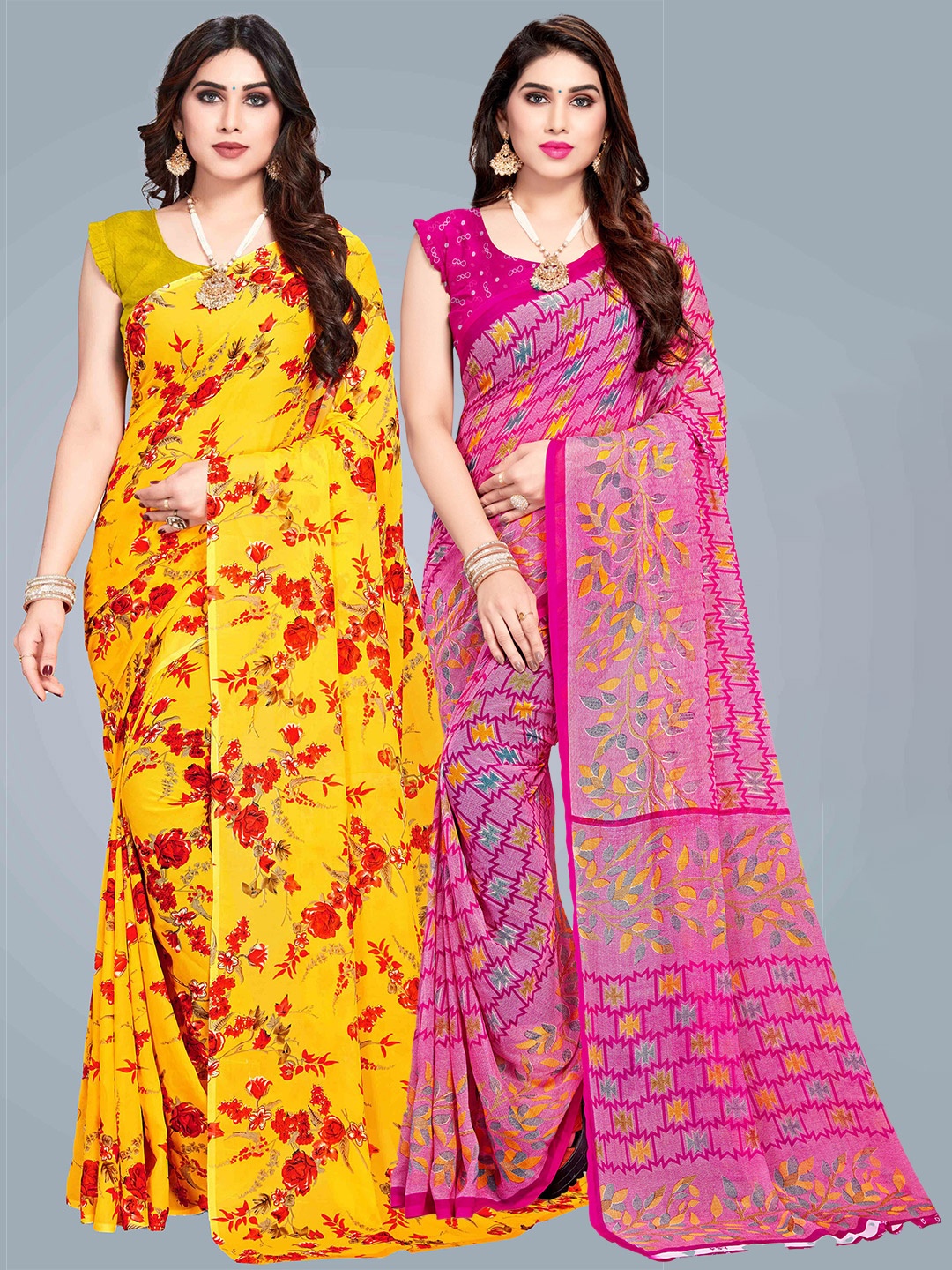 

MS RETAIL Pack of 2 Pink & Yellow Floral Pure Georgette Saree