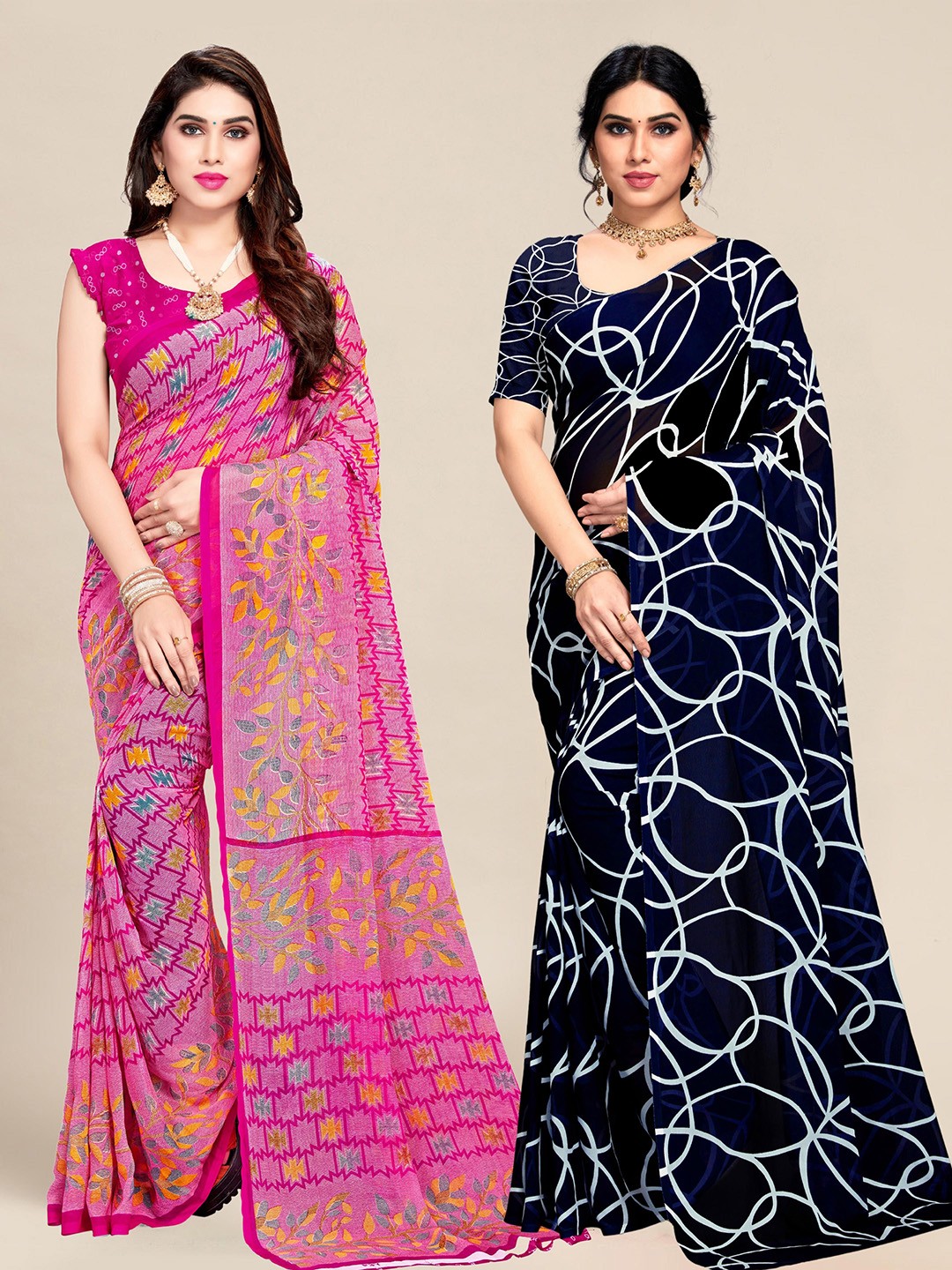

MS RETAIL Pack of 2 Pink & Green Pure Georgette Saree