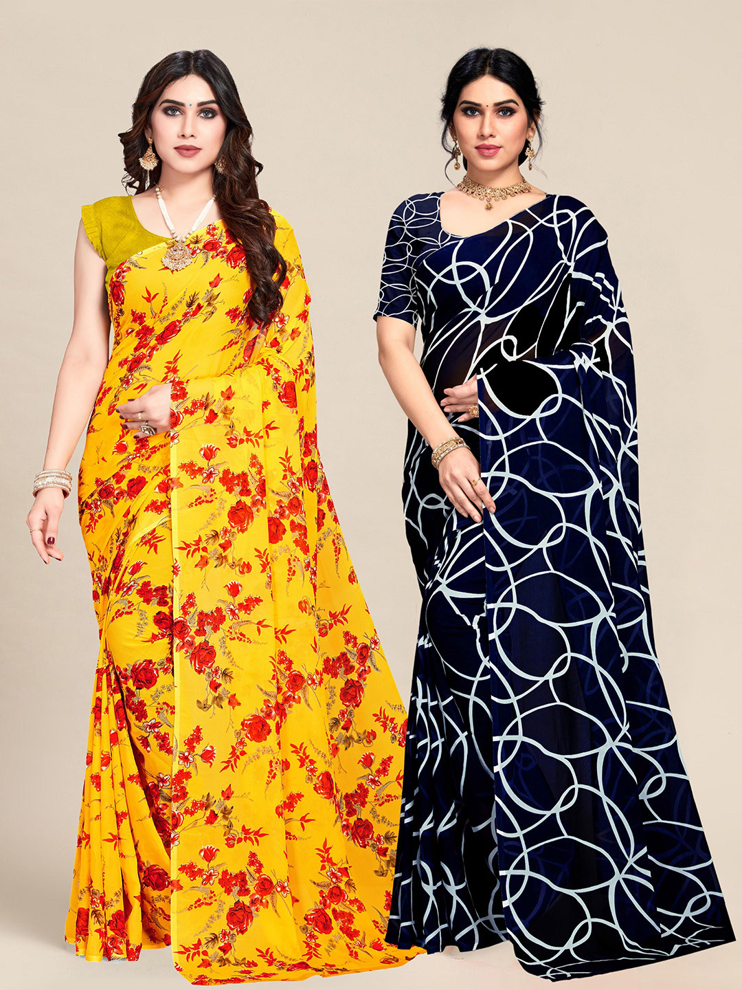 

MS RETAIL Pack of 2 Yellow & Red Floral Pure Georgette Saree