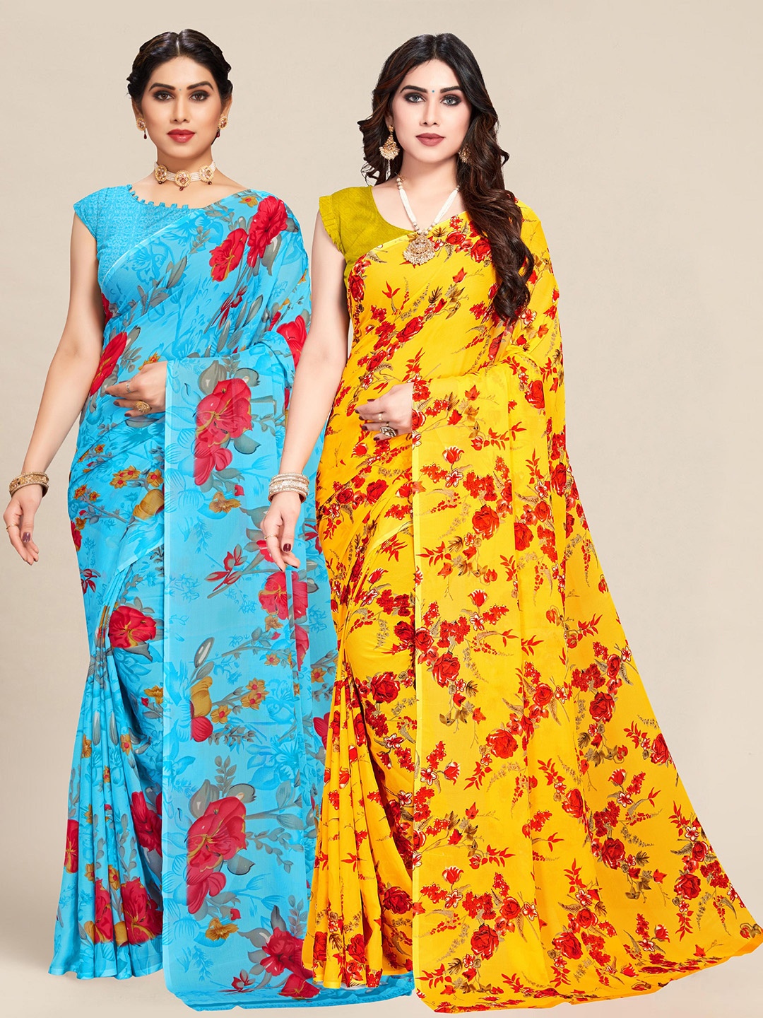 MS RETAIL Set Of 2 Blue & Red Floral Pure Georgette Saree