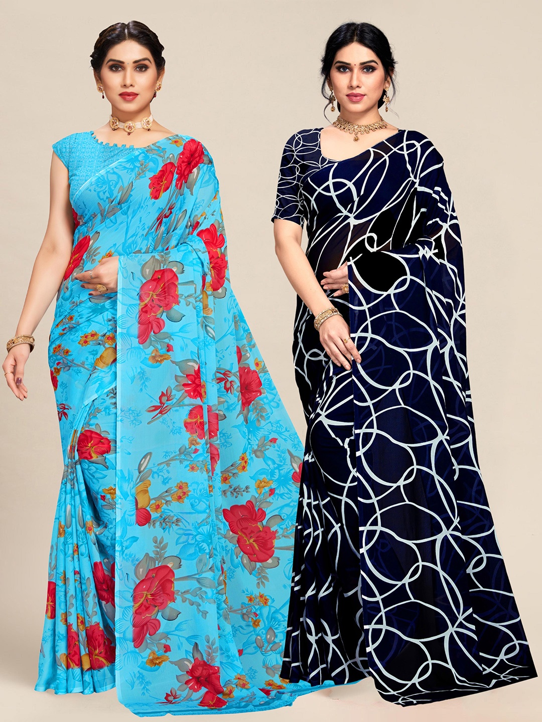 

MS RETAIL Set Of 2 Blue & Navy Blue Floral Pure Georgette Saree