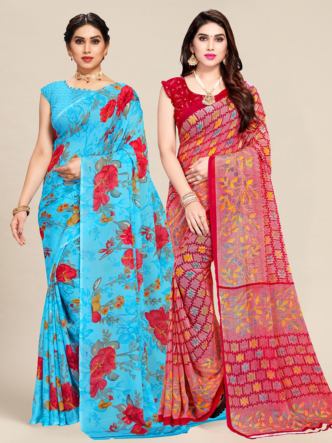 

MS RETAIL Pack of 2 Blue & Red Floral Pure Georgette Saree