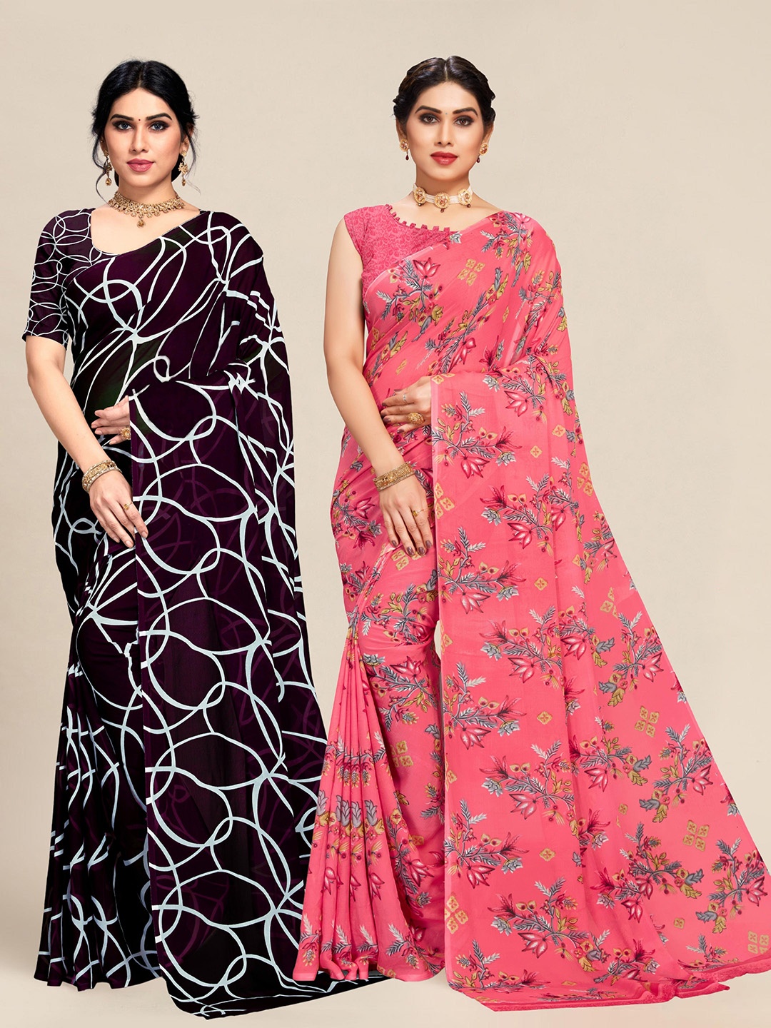 

MS RETAIL Set Of 2 Pink & Purple Floral Pure Georgette Saree