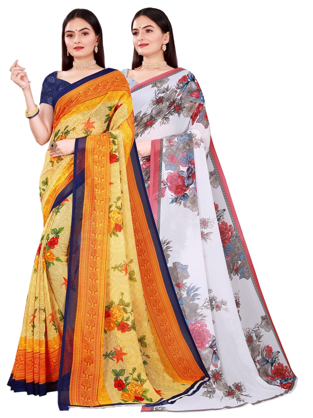 

SAADHVI Pack of 2 Yellow & White Pure Georgette Saree