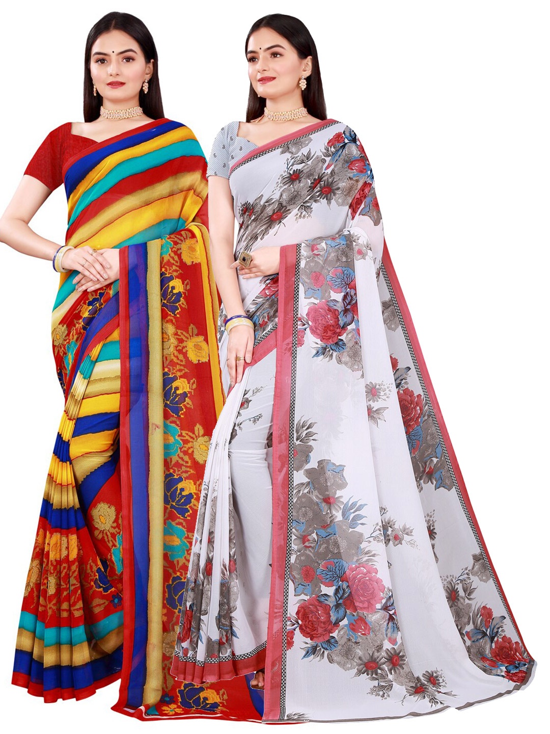 

SAADHVI Pack of 2 White & Red Floral Pure Georgette Saree
