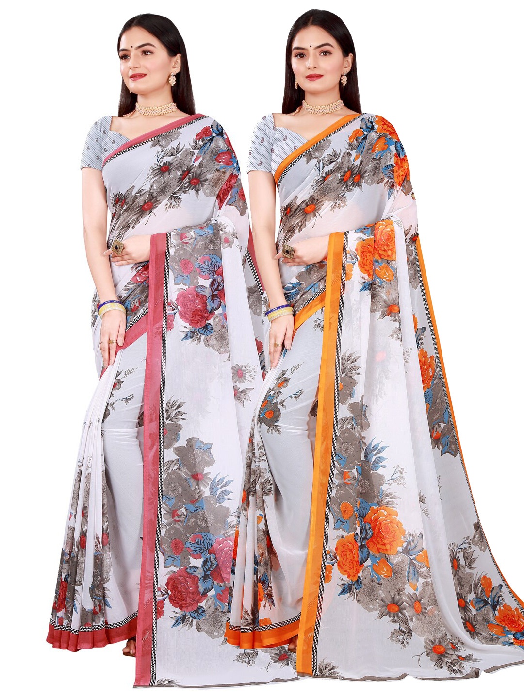 

SAADHVI Pack of 2 White & Orange Floral Pure Georgette Saree