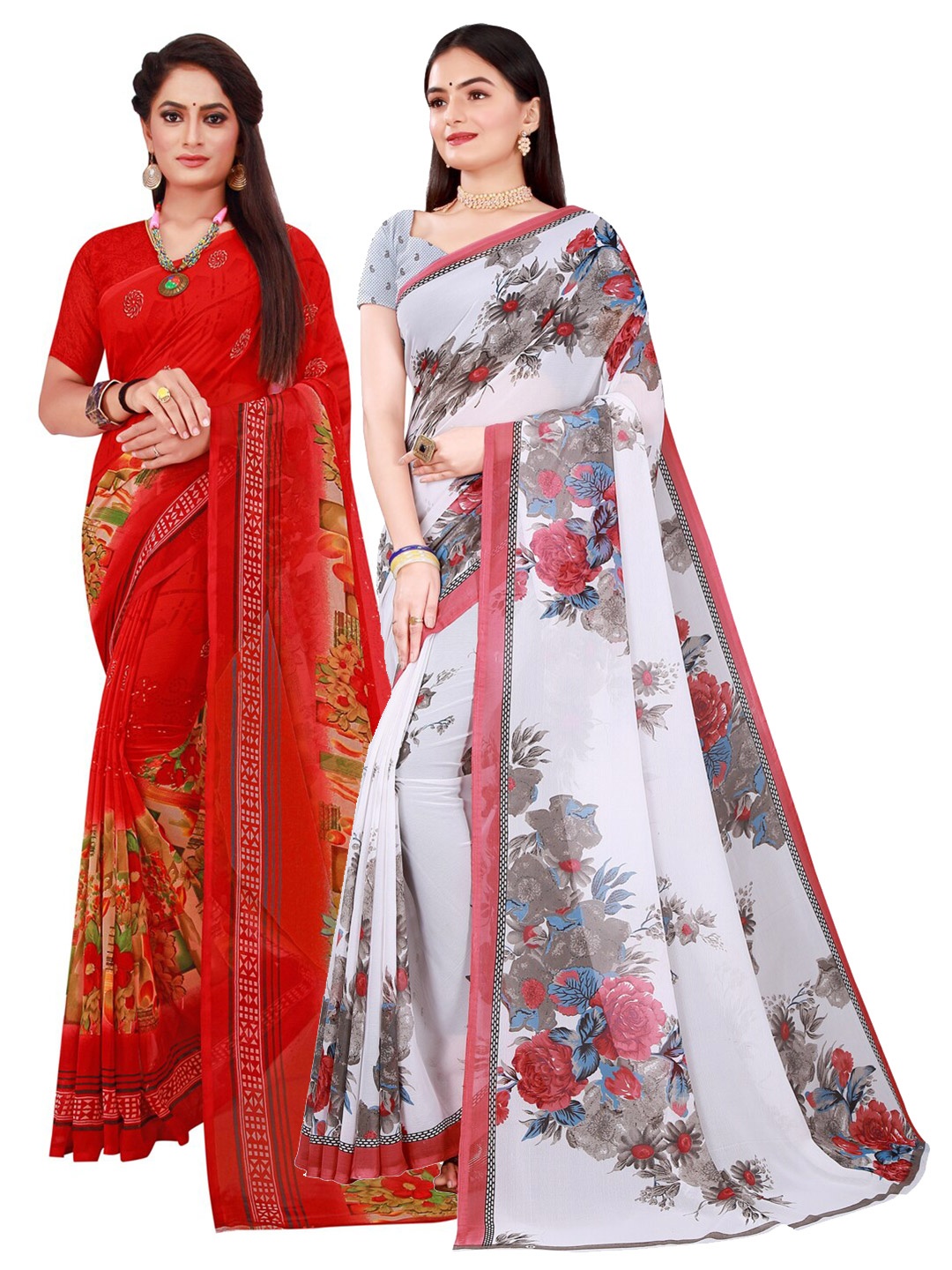 

SAADHVI Pack of 2 White & Red Floral Pure Georgette Saree