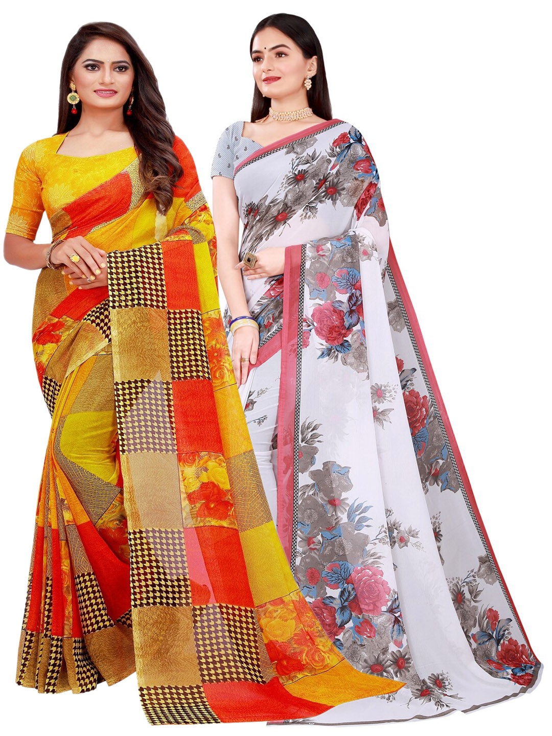 

SAADHVI Pack of 2 White & Yellow Printed Pure Georgette Saree