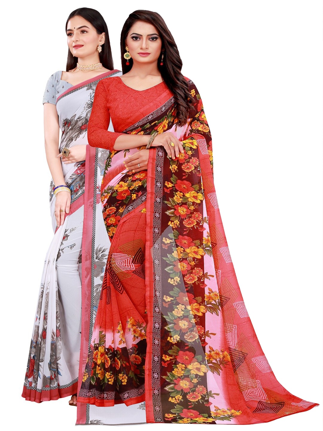

SAADHVI Pack of 2 White & Red Floral Pure Georgette Saree